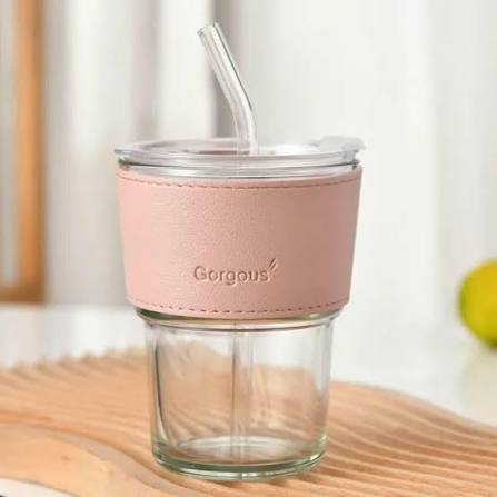 Leather Cover Glass Cup With Lid Straw Leather